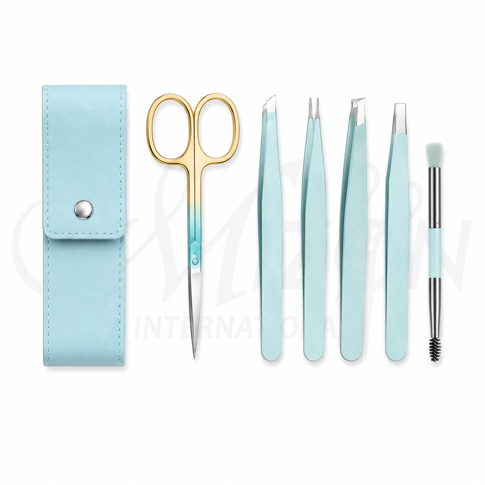 6 Pcs Professional Eyebrow Tweezers Set Stainless Steel Grooming Kit with Leather Case by Mizon International