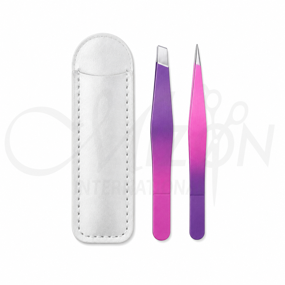Professional Stainless Steel Mini Eyebrow Tweezer Travel Set Purple Pink Slant and Pointed Tweezers with Case by Mizon International