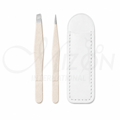 Mizon International Professional Stainless Steel Eyebrow Mini Tweezer Travel Set | 2-Piece Precision Grooming Kit with PU Leather Travel Pouch