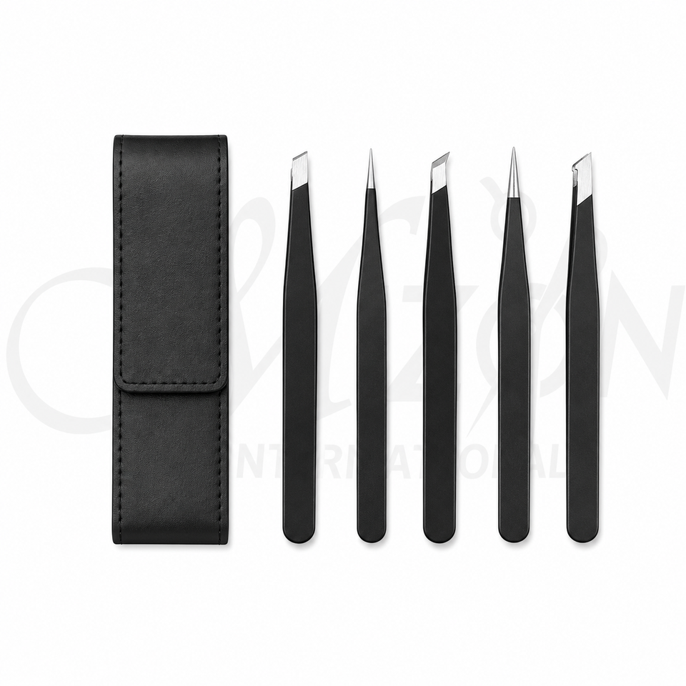 5 Piece Professional Stainless Steel Tweezer Set with Leather Case Precision Eyebrow Grooming Tools by Mizon International