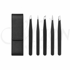 Mizon International 5-Piece Professional Stainless Steel Tweezers Set | Premium Precision Grooming Kit with PU Leather Travel Case
