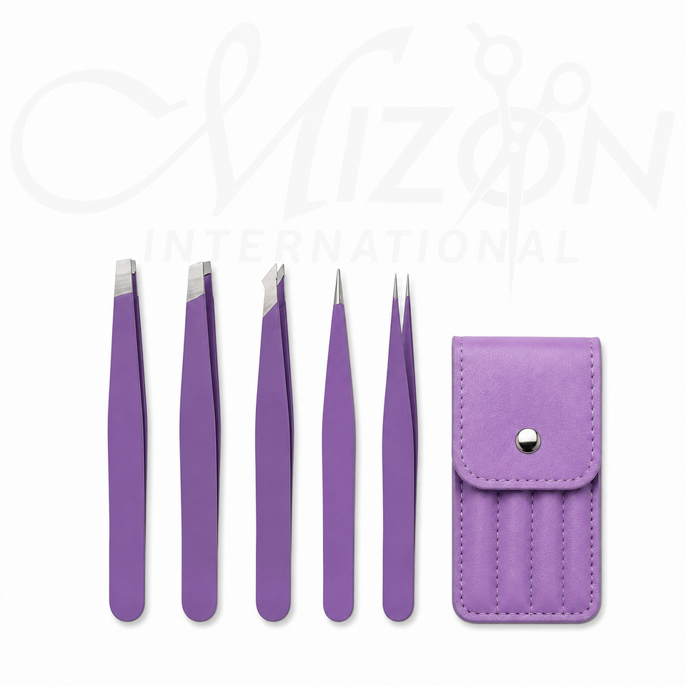 Purple Professional Eyebrow Tweezers Set 4 Piece Stainless Steel Precision Grooming Kit with Case by Mizon International