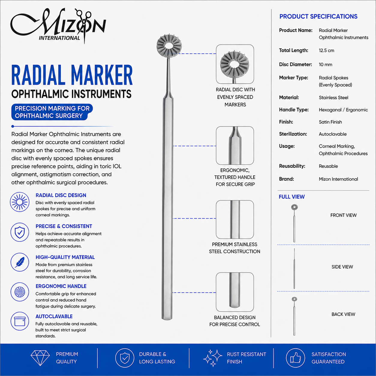 Premium Stainless Steel Radial Marker Ophthalmic Instrument for Accurate Corneal Marking and Toric IOL Alignment