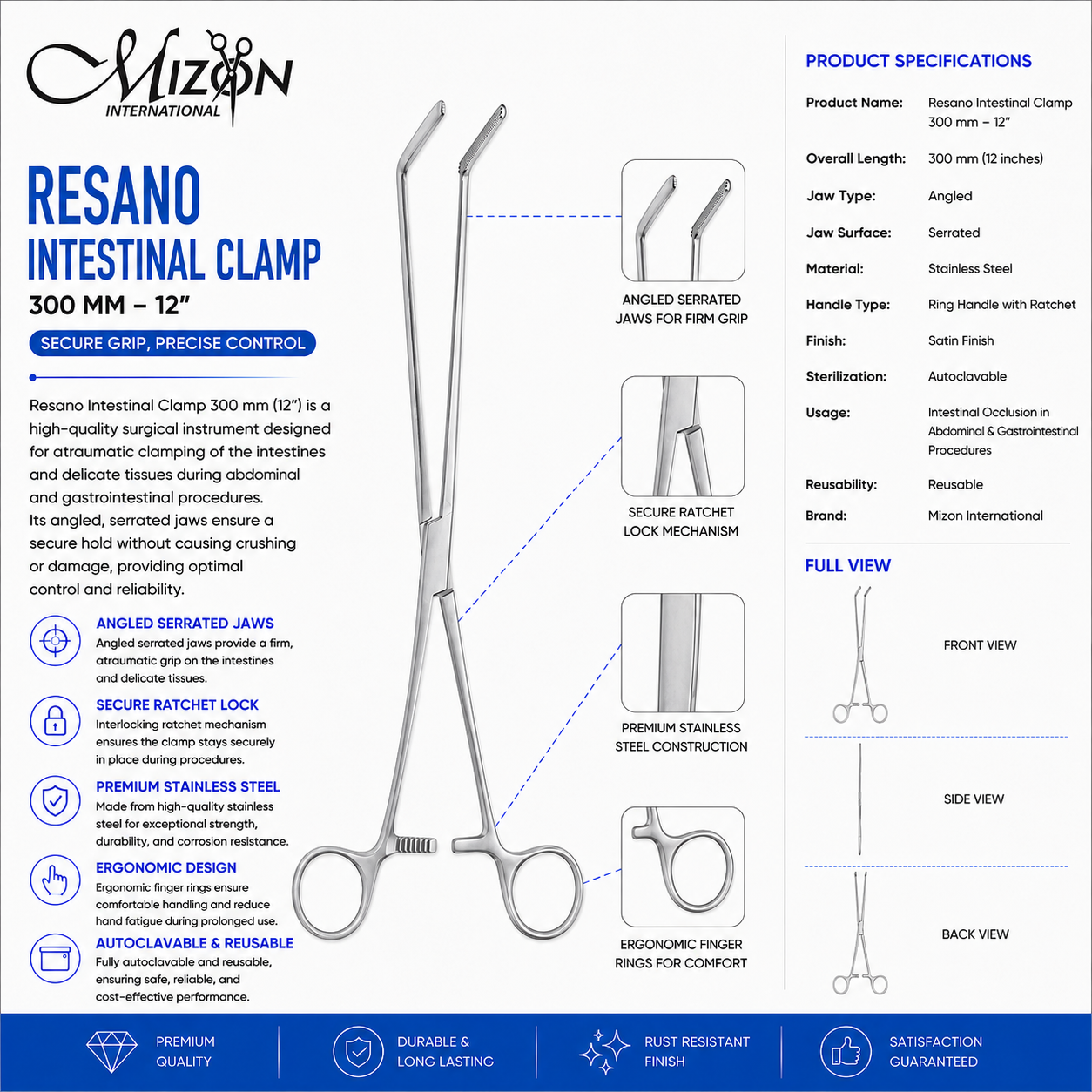Resano Intestinal Clamp 300 mm 12 Inch Stainless Steel Surgical Instrument with Angled Serrated Jaws by Mizon International