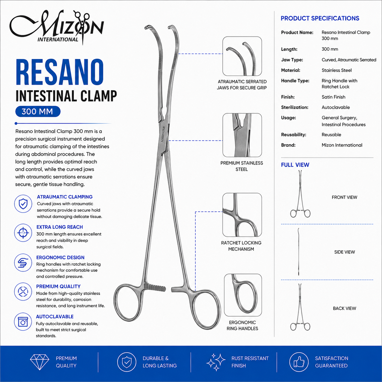 Resano Intestinal Clamp 300 mm Curved Stainless Steel Surgical Instrument with Ratchet Lock by Mizon International