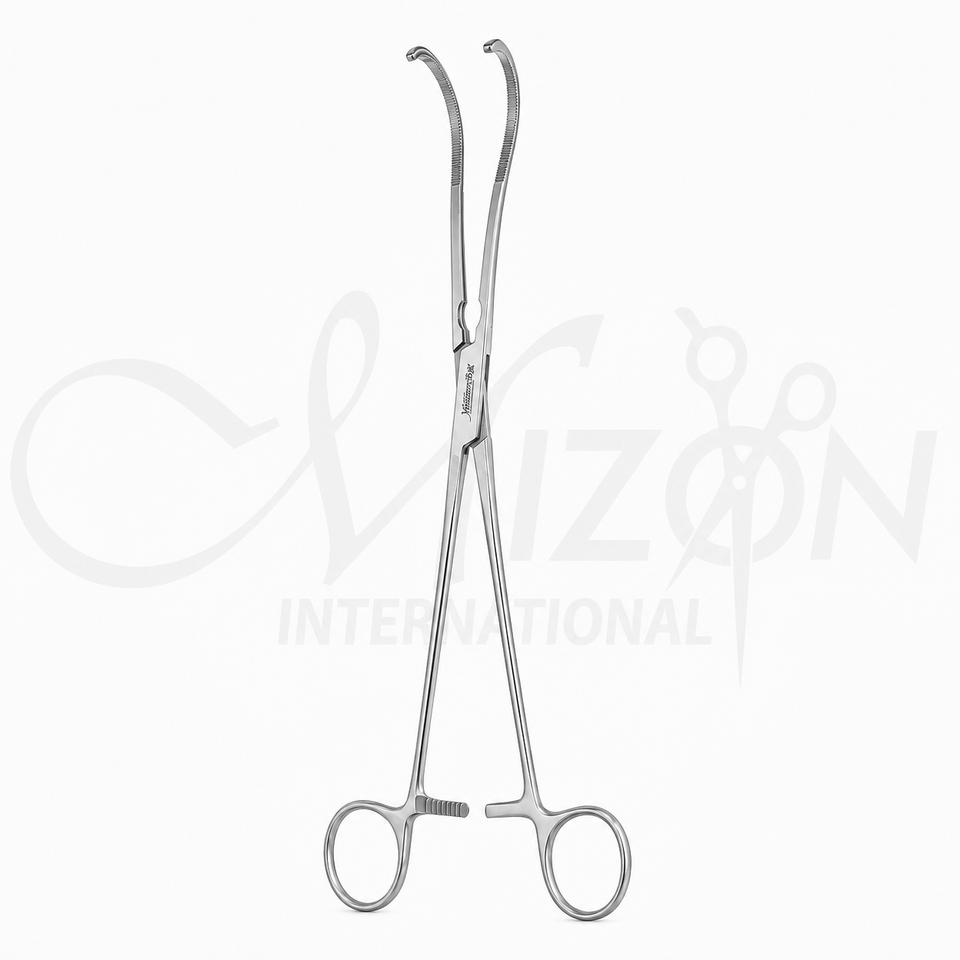 Resano Intestinal Clamp 300mm with curved atraumatic serrated jaws, ratchet lock, ergonomic ring handles, and stainless steel construction by Mizon International.