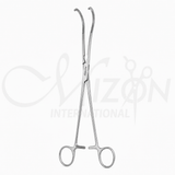 Resano Intestinal Clamp 300mm with curved atraumatic serrated jaws, ratchet lock, ergonomic ring handles, and stainless steel construction by Mizon International.