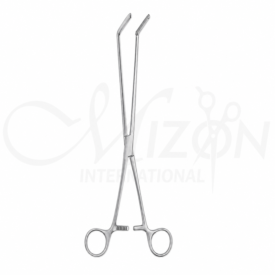 Resano Intestinal Clamp (12 inch) with angled serrated jaws, ratchet lock, stainless steel construction, and ergonomic ring handles by Mizon International.