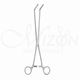 Resano Intestinal Clamp (12 inch) with angled serrated jaws, ratchet lock, stainless steel construction, and ergonomic ring handles by Mizon International.