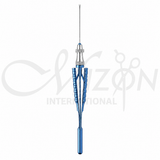 Mizon International Retinal Surgical Scissors featuring precision cutting blades, squeeze-handle design, surgical-grade stainless steel construction, and compact microsurgical profile for ophthalmic procedures.
