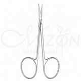 Mizon International Medline Ribbon Ophthalmic Scissors featuring curved ribbon-style precision blades, approximately 14 mm blade length, 9.5 cm overall length, stainless steel construction, and ergonomic ring handles.