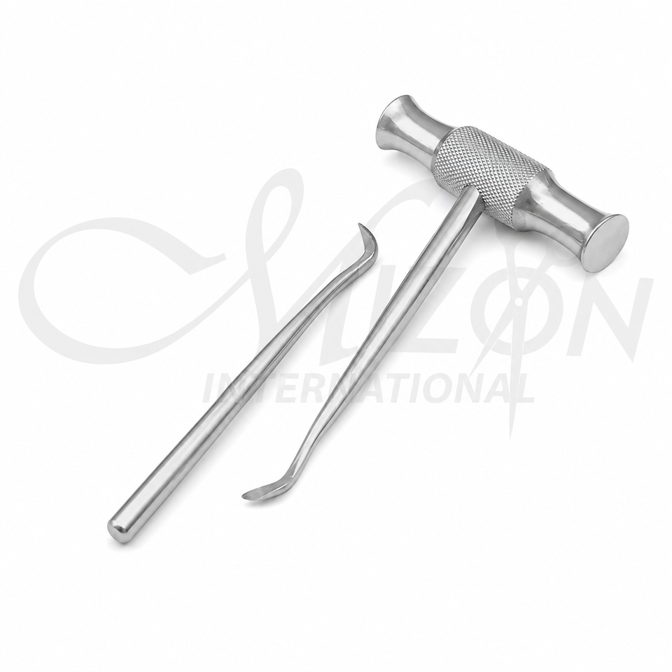 Mizon International Root Lifter with T-Handle manufactured from premium medical-grade surgical stainless steel featuring a precision root elevation tip, ergonomic T-shaped handle, and satin polished finish for tooth extraction, root elevation, luxation, oral surgery, and maxillofacial procedures in hospitals and dental clinics.