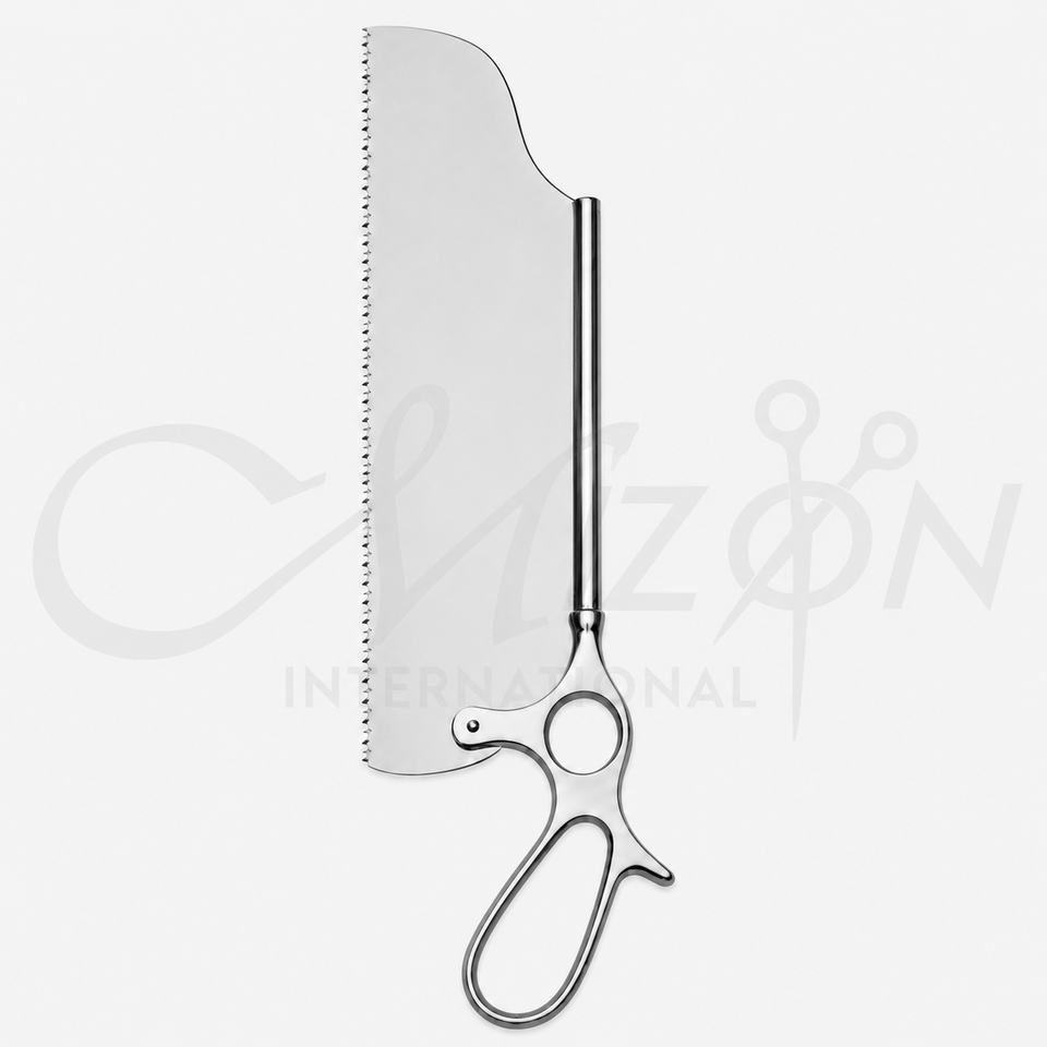 Mizon International Satterlee Autopsy Saw featuring a precision bone-cutting blade, durable surgical-grade stainless steel construction, ergonomic professional design, and controlled cutting performance for autopsy, forensic, pathology, and anatomical applications.