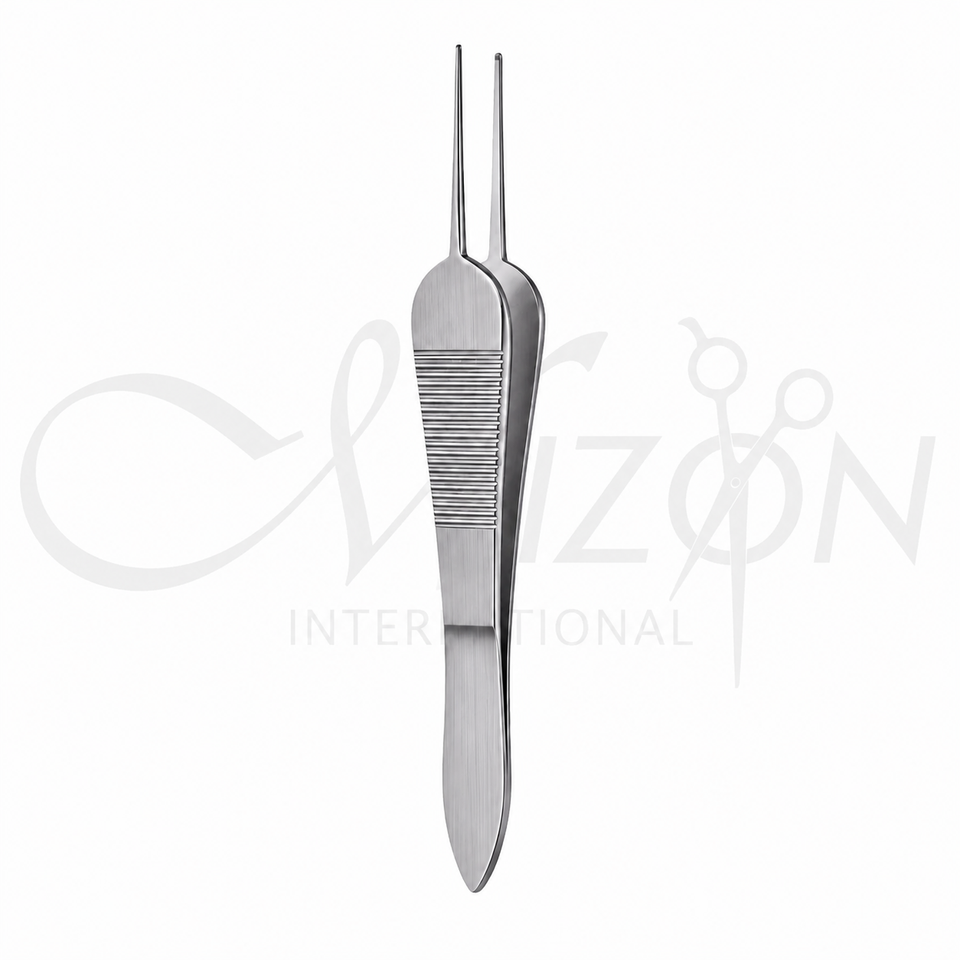 Mizon International Sauer Fixation Forceps featuring precision fixation tips, surgical-grade stainless steel construction, ergonomic handling, and specialized ophthalmic design for controlled eye procedures.