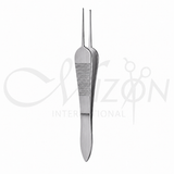 Mizon International Sauer Fixation Forceps featuring precision fixation tips, surgical-grade stainless steel construction, ergonomic handling, and specialized ophthalmic design for controlled eye procedures.