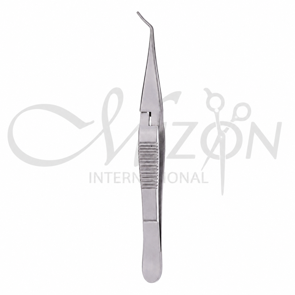 Mizon International Scleral Plug Forceps featuring a curved shaft, cross-action handle, stainless steel construction, and precision design for controlled ophthalmic scleral plug handling.