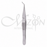 Mizon International Scleral Plug Forceps featuring a curved shaft, cross-action handle, stainless steel construction, and precision design for controlled ophthalmic scleral plug handling.