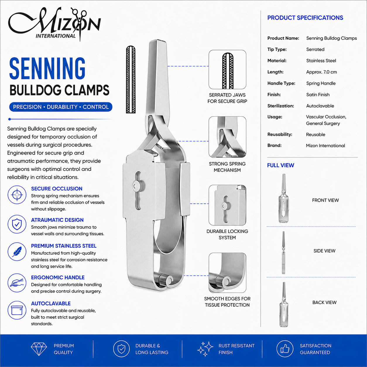 Senning Bulldog Clamps 7 cm Stainless Steel Vascular Surgical Instrument by Mizon International