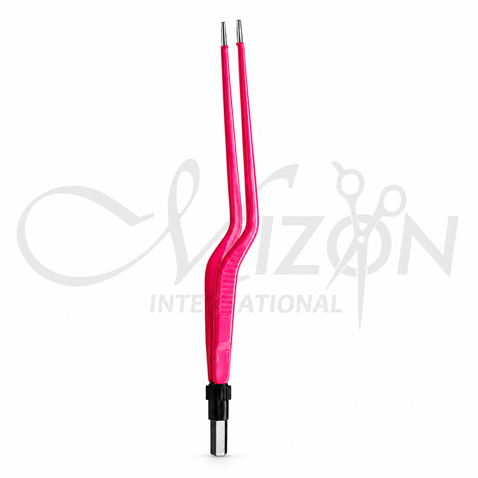 Mizon International pink insulated bayonet bipolar forceps with serrated tips and bipolar connector
