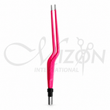 Mizon International pink insulated bayonet bipolar forceps with serrated tips and bipolar connector