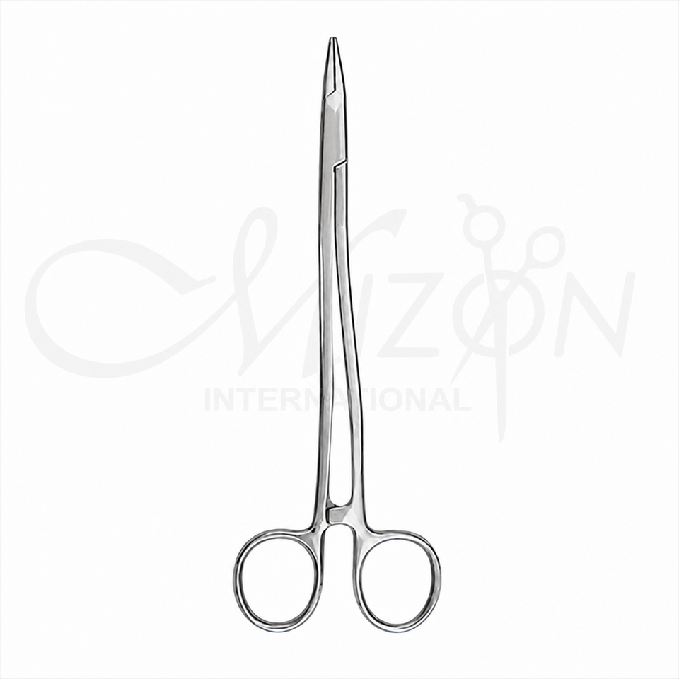 Mizon International Sims Needle Holder 19cm featuring S-curved shanks, precision needle-gripping jaws, stainless steel construction, and professional surgical instrument design.