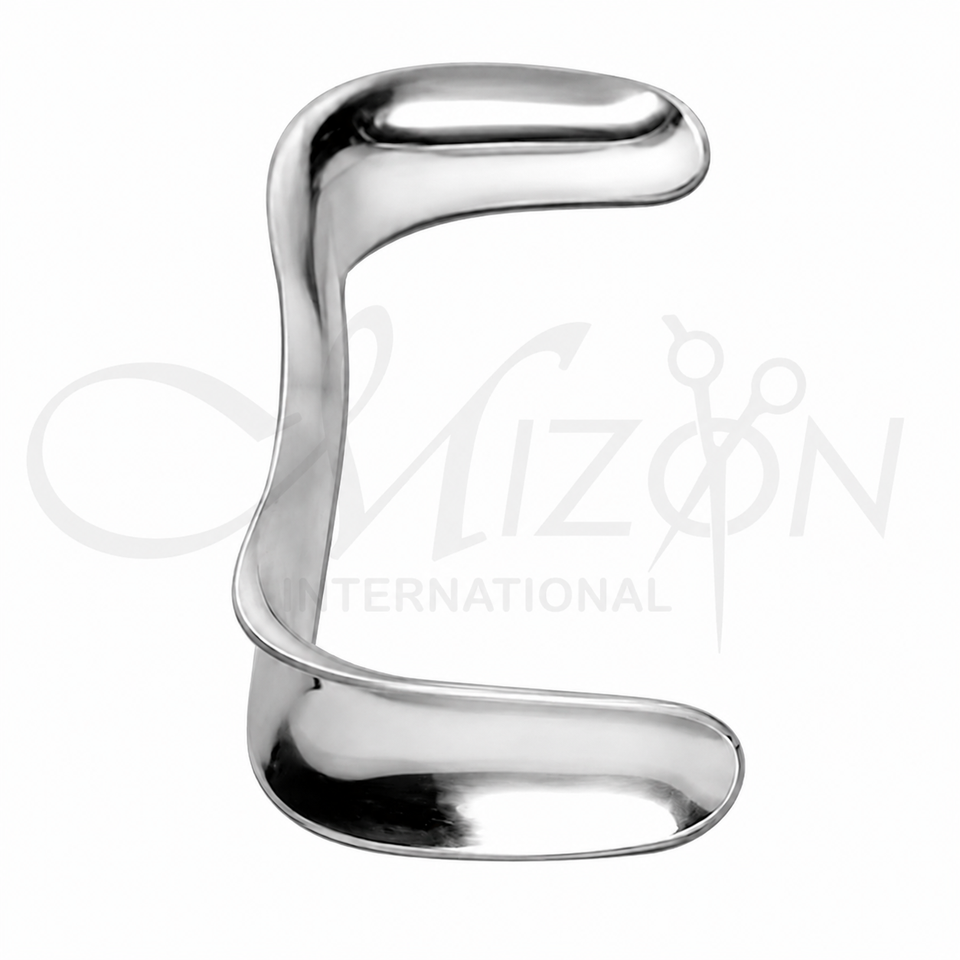 Mizon International Sims Vaginal Speculum featuring a curved blade profile, surgical-grade stainless steel construction, ergonomic handling, and professional gynecological instrument design.