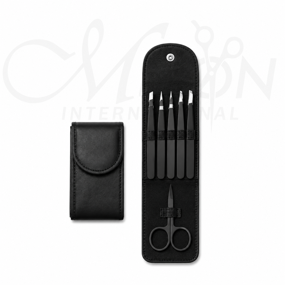 Stainless Steel Hair Removal Makeup Tool Kit with Professional Tweezers Scissors and Leather Case by Mizon International