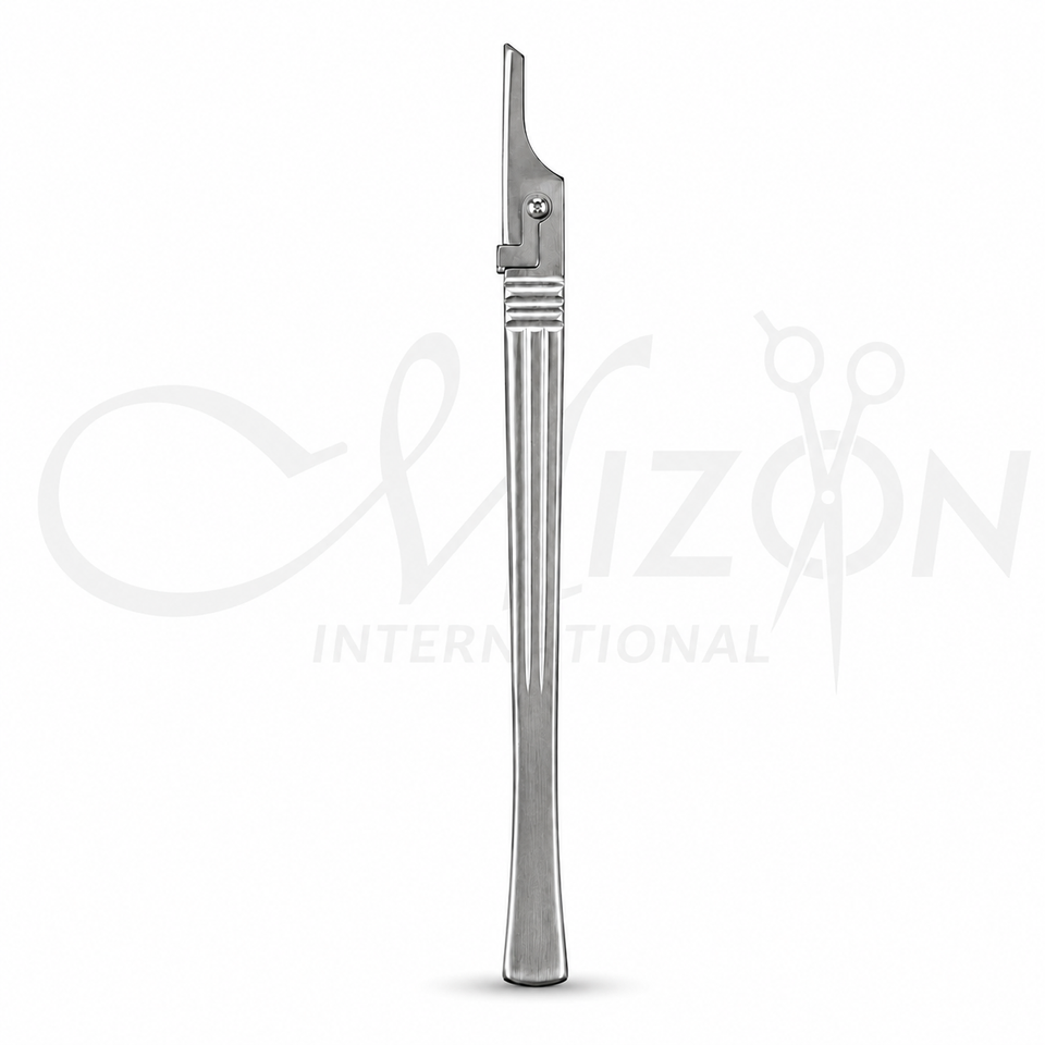 Mizon International stainless steel long scalpel handle with secure blade-locking mechanism