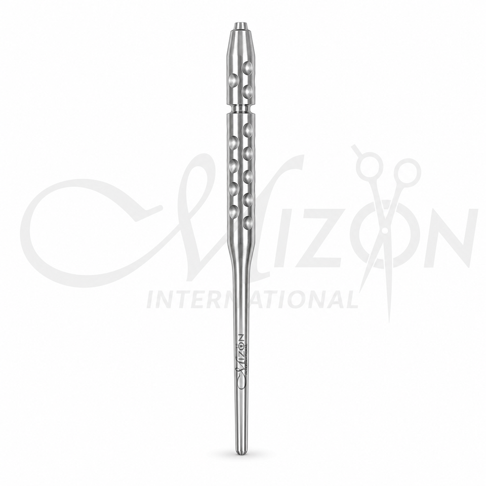 Mizon International stainless steel scalpel blade handle with dimpled ergonomic grip and locking head