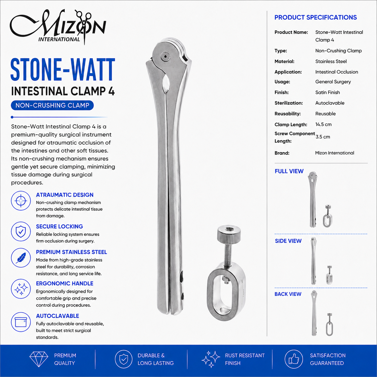 Stone-Watt Intestinal Clamp No. 4 Non-Crushing Stainless Steel Surgical Instrument by Mizon International