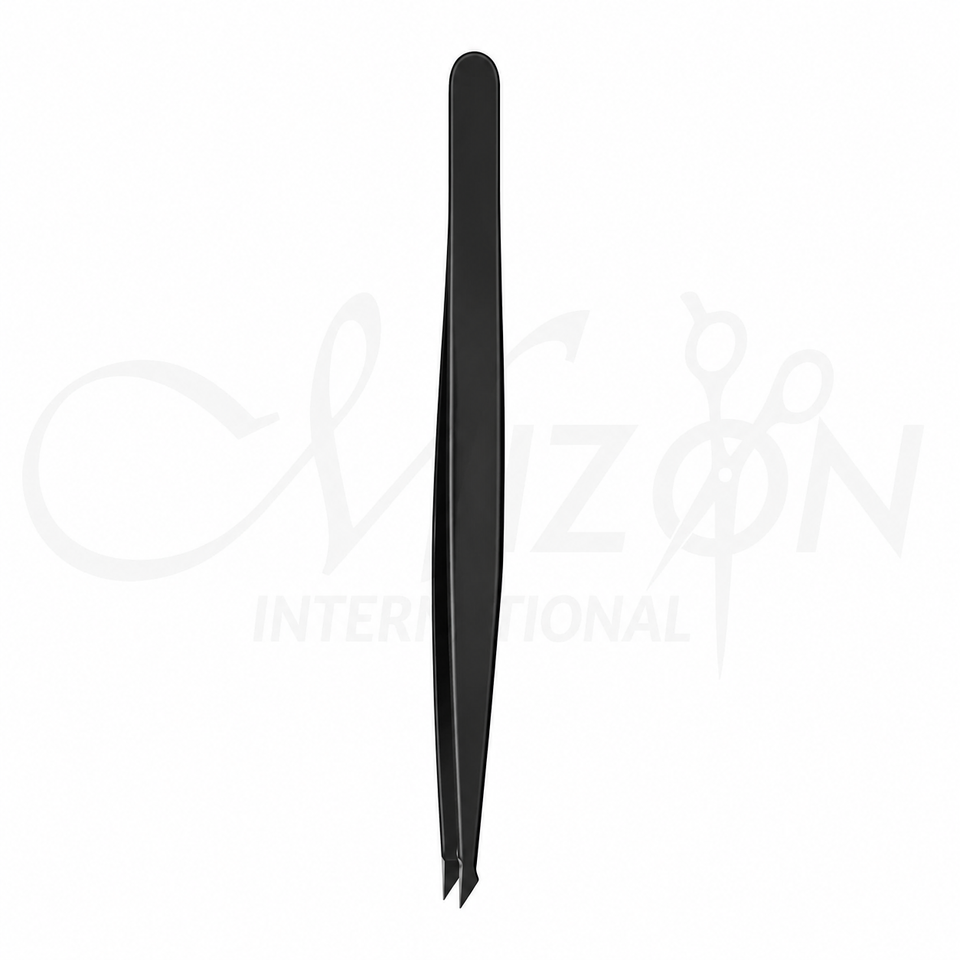 Straight Black Slant Tip Hair Removal Tweezers Stainless Steel Precision Grooming Tweezer by Mizon International