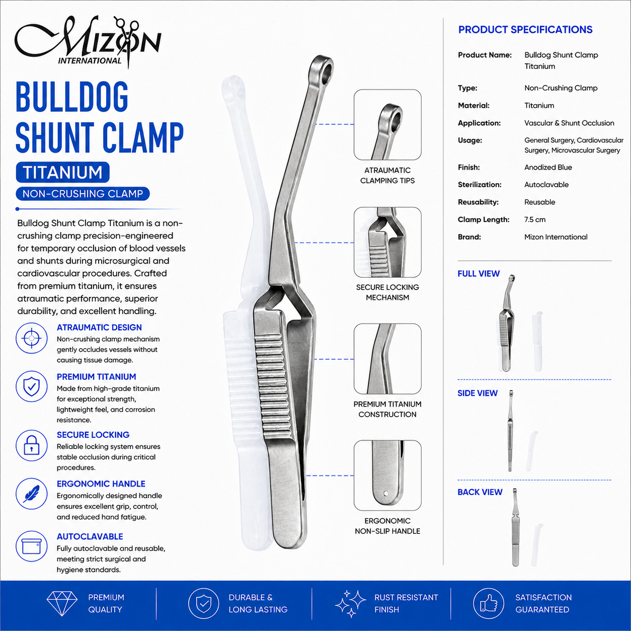 Titanium Bulldog Shunt Clamp 7.5 cm Non-Crushing Surgical Instrument by Mizon International