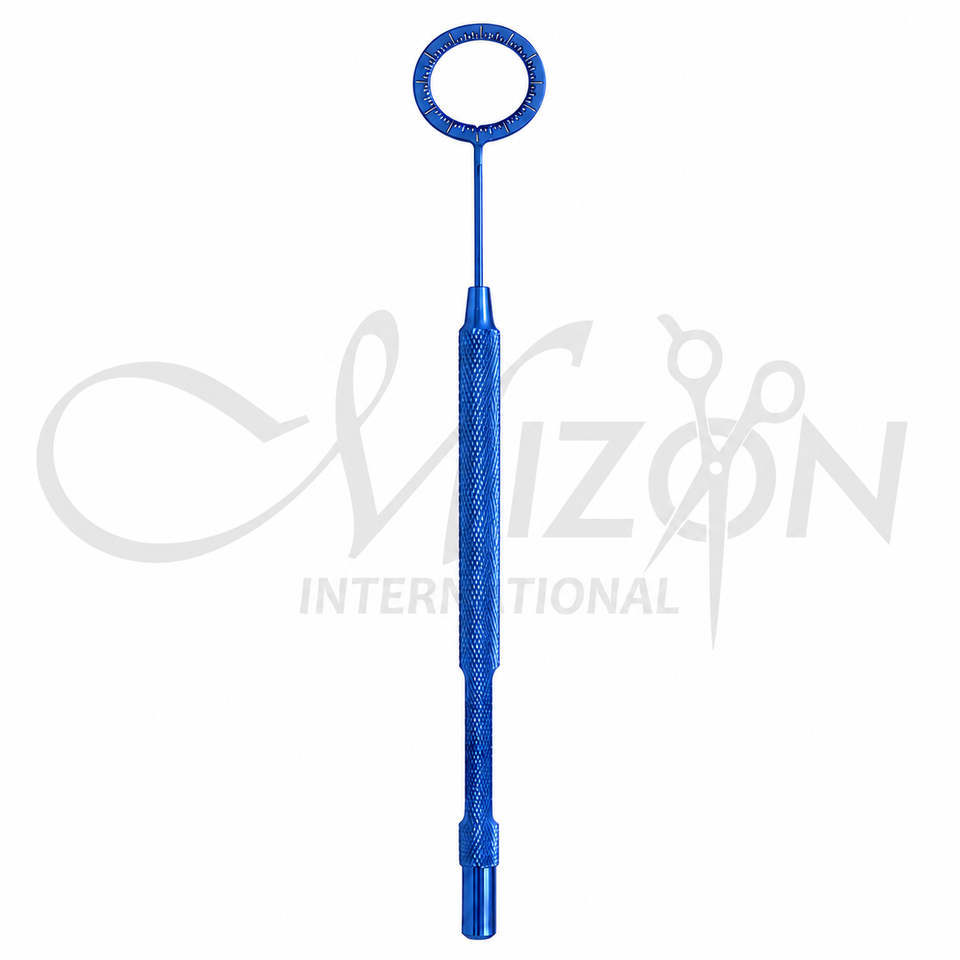 Mizon International blue titanium eye corneal ring marker with 10mm graduated ring and textured handle