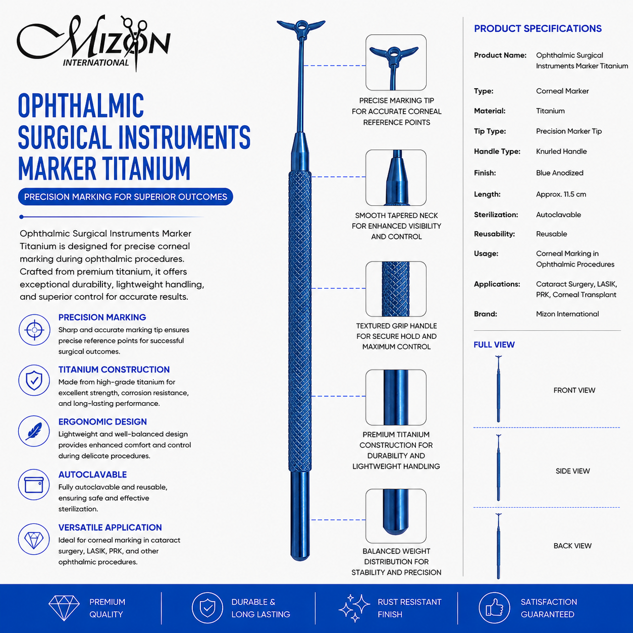 Premium Titanium Ophthalmic Surgical Marker with Precision Tip for Corneal Marking, Blue Anodized Finish by Mizon International