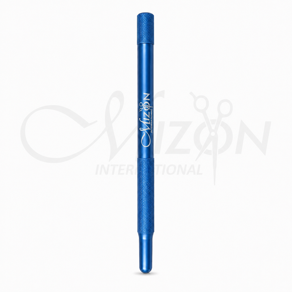 Mizon International blue titanium scalpel blade handle with textured knurled grip