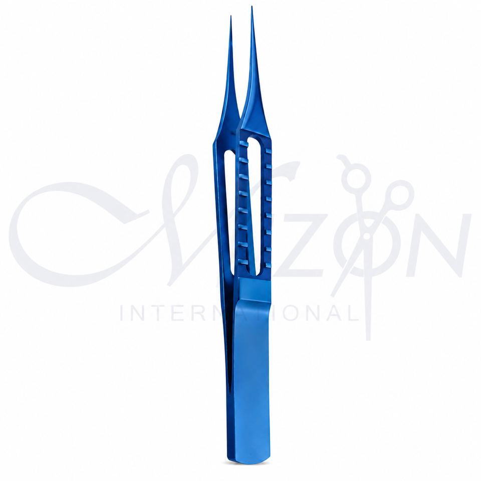 Mizon International Titanium Tying Forceps 115mm featuring lightweight titanium construction, straight design, toothless precision tips, 4.5mm tying platform, and professional ophthalmic instrument quality.