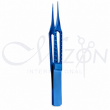 Mizon International Titanium Tying Forceps 115mm featuring lightweight titanium construction, straight design, toothless precision tips, 4.5mm tying platform, and professional ophthalmic instrument quality.