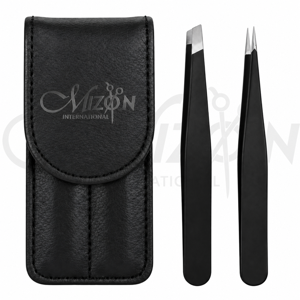 Mizon International ultra precision slant and point tweezers set with case professional eyebrow and beauty grooming instruments