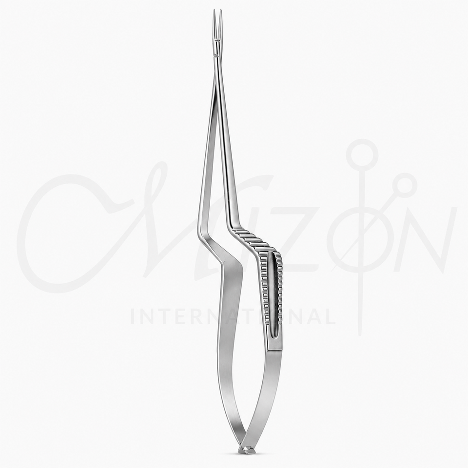 Mizon International Vannas Ophthalmic Micro Scissors featuring straight small precision blades, surgical-grade stainless steel construction, ergonomic handling, and professional microsurgical design.