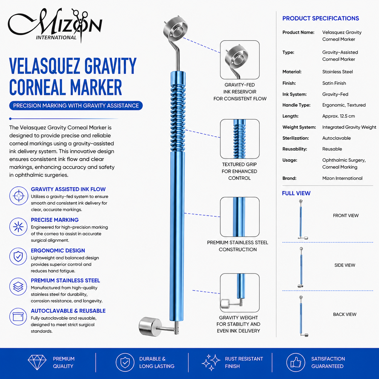 Velasquez Gravity Corneal Marker with Gravity-Fed Ink Reservoir Stainless Steel Ophthalmic Surgical Instrument by Mizon International