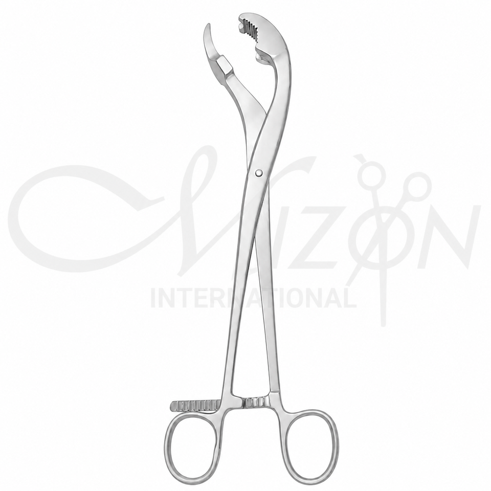 Mizon International Verbrugge Bone Holding Forceps 10.5 Inch featuring a curved design, one serrated jaw, durable stainless steel construction, and professional ergonomic handling for orthopedic procedures.