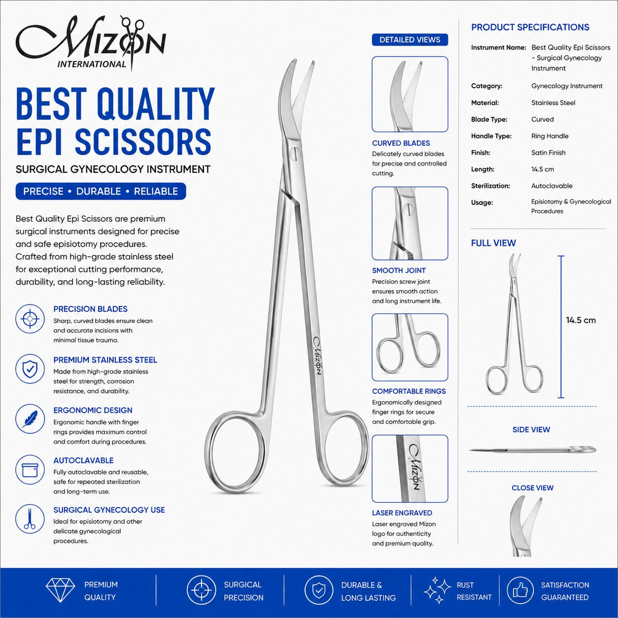 Best Quality Epi Scissors 14.5 cm – Curved Episiotomy Surgical Gynecology Scissors | Stainless Steel