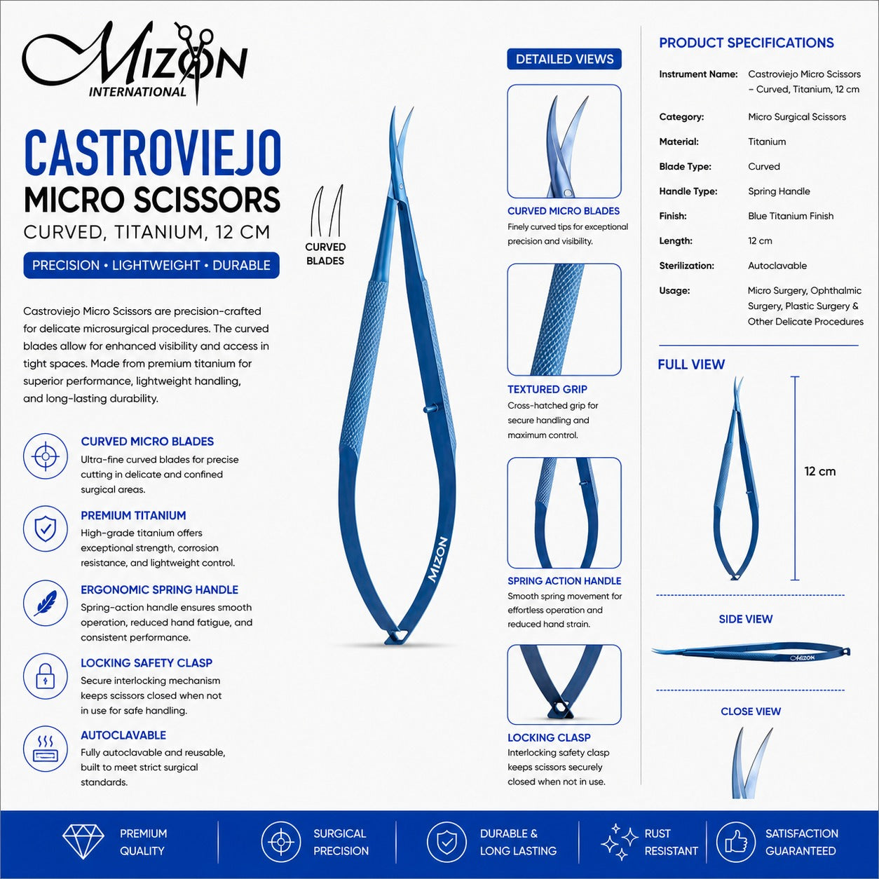 Castroviejo Micro Scissors Curved 12 cm Titanium – Spring Handle Microsurgical Scissors