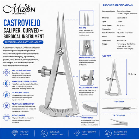 Castroviejo Curved Caliper 12.5 cm – Stainless Steel Surgical Measuring Instrument | 0–20 mm Scale | Autoclavable