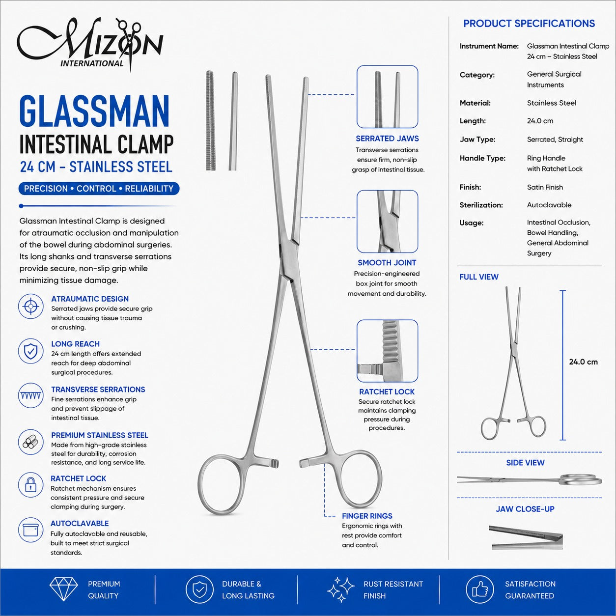Glassman Intestinal Clamp 24 cm – Stainless Steel Atraumatic Bowel Clamp with Ratchet Lock | Autoclavable Surgical Instrument