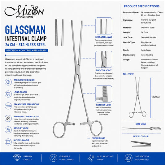 Glassman Intestinal Clamp 24 cm – Stainless Steel Atraumatic Bowel Clamp with Ratchet Lock | Autoclavable Surgical Instrument