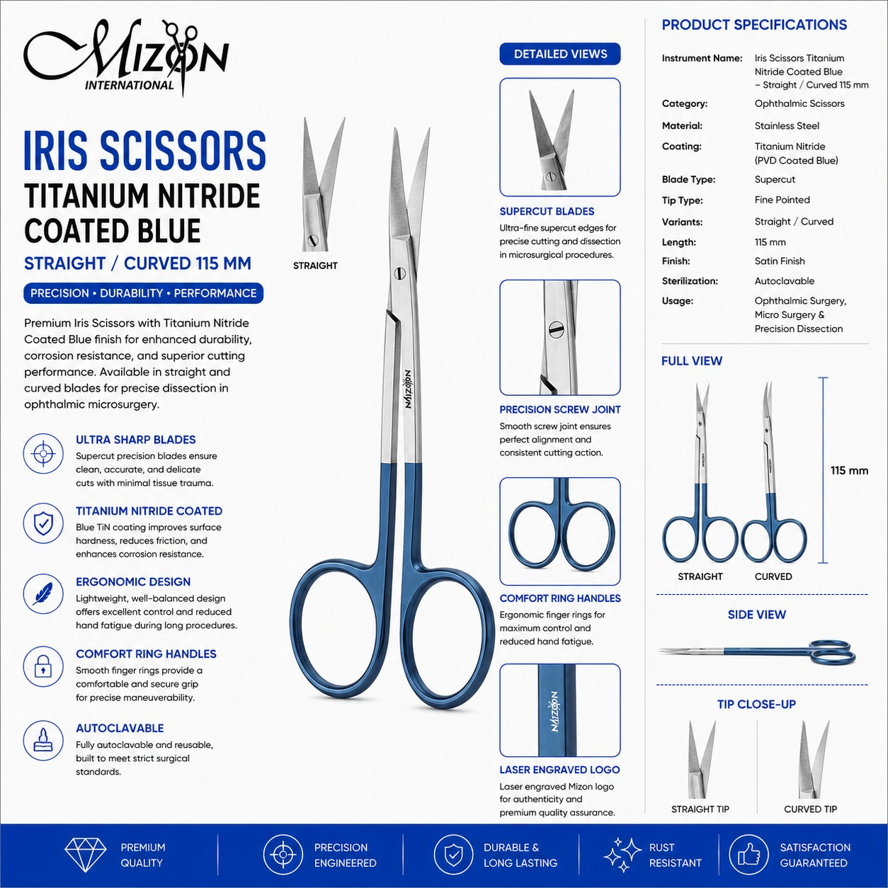 Iris Scissors Titanium Nitride Coated Blue Straight / Curved 115 mm – Premium Ophthalmic SuperCut Surgical Scissors