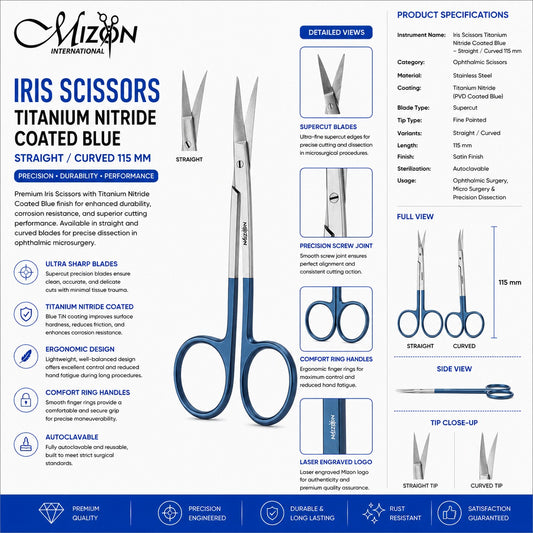 Iris Scissors Titanium Nitride Coated Blue Straight / Curved 115 mm – Premium Ophthalmic SuperCut Surgical Scissors