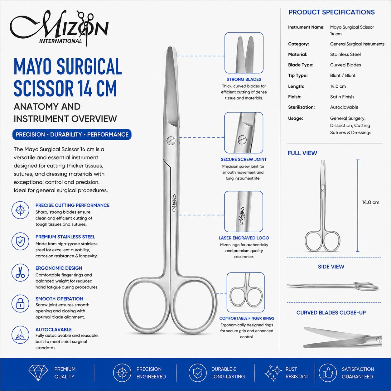 Mayo Surgical Scissors 14 cm Curved Blunt/Blunt Stainless Steel – General Surgical Instrument