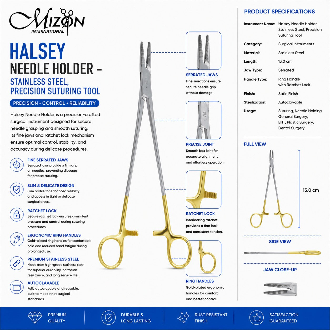 Halsey Needle Holder 13 cm – Stainless Steel Precision Suturing Instrument | Mizon International